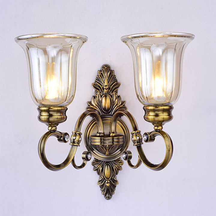 Skørter | 1/2-Light Clear Glass Wall Light Traditional Bronze Bell Shade Dining Room Wall Lamp with Curved Arm