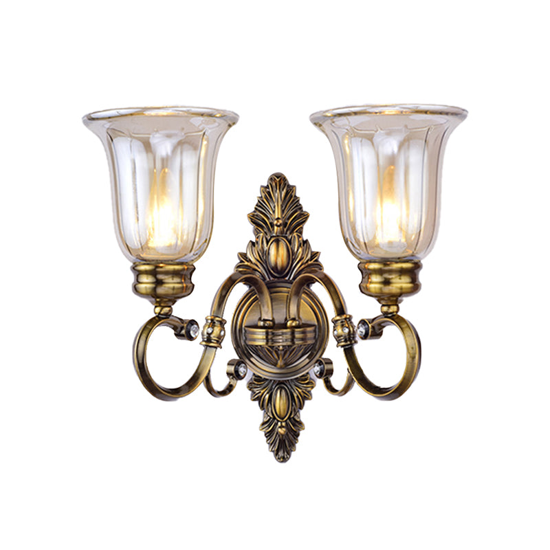Skørter | 1/2-Light Clear Glass Wall Light Traditional Bronze Bell Shade Dining Room Wall Lamp with Curved Arm