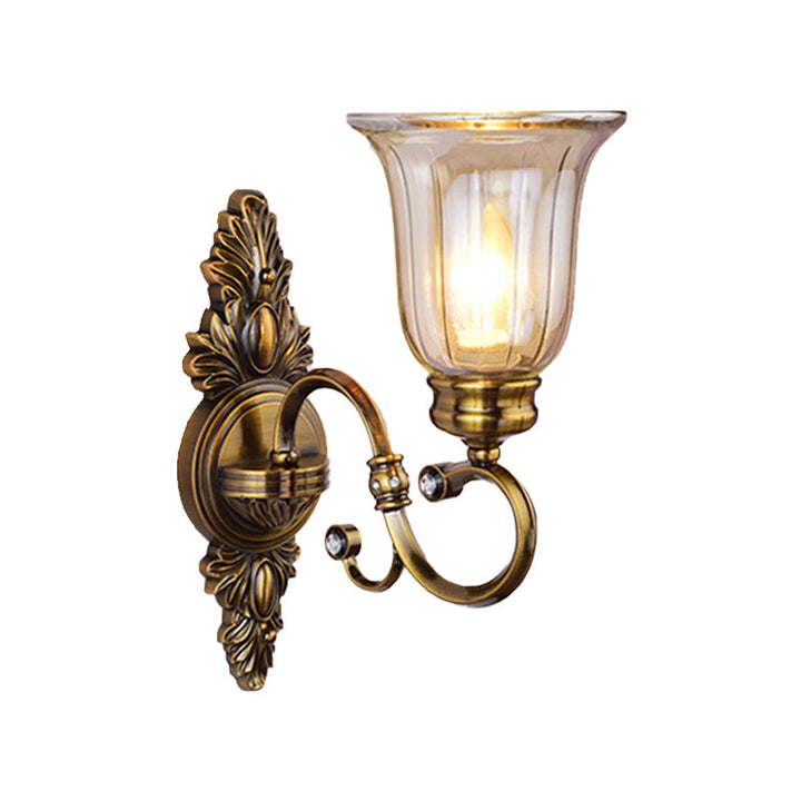 Skørter | 1/2-Light Clear Glass Wall Light Traditional Bronze Bell Shade Dining Room Wall Lamp with Curved Arm