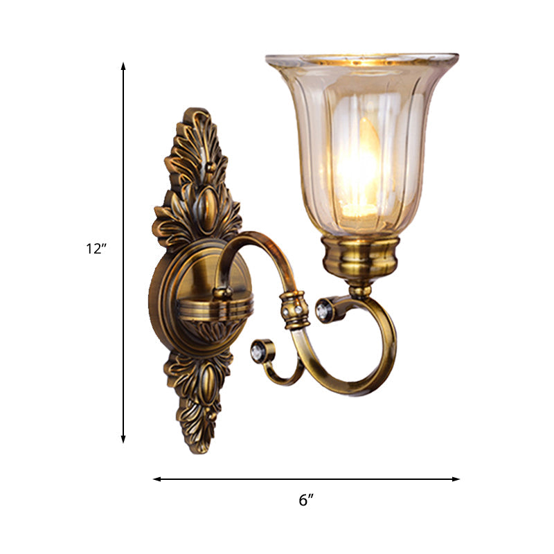 Skørter | 1/2-Light Clear Glass Wall Light Traditional Bronze Bell Shade Dining Room Wall Lamp with Curved Arm