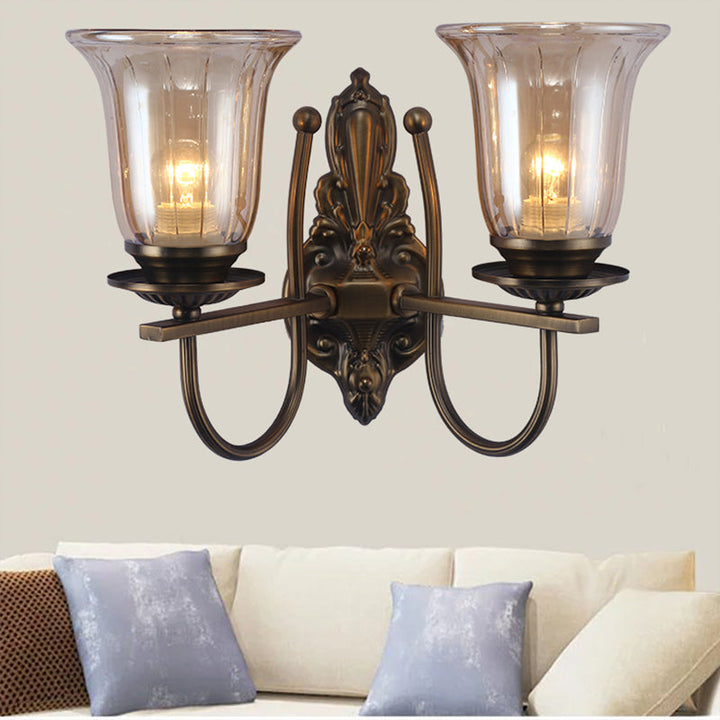 Skørter | 1/2-Light Clear Glass Wall Lamp Antique Brass Clock Shade Living Room Sconces Light with Arch Arm
