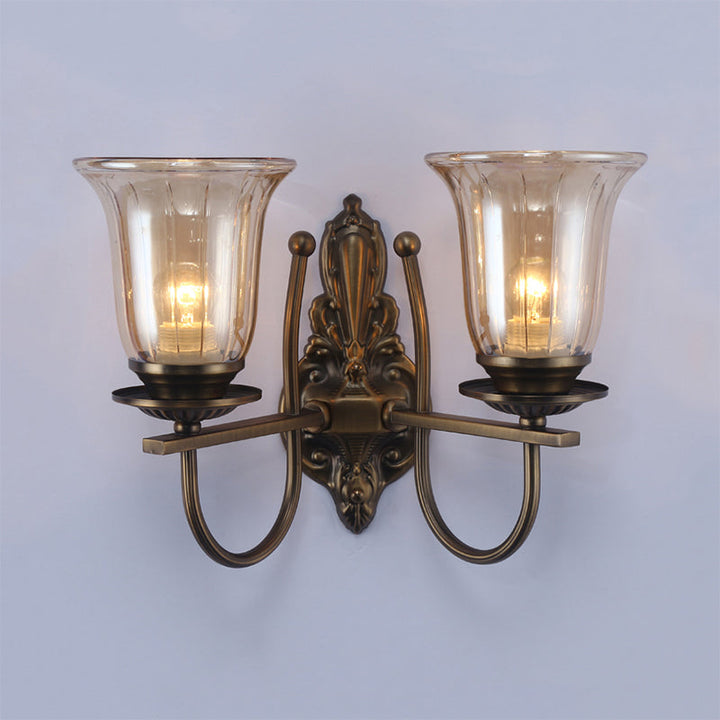 Skørter | 1/2-Light Clear Glass Wall Lamp Antique Brass Clock Shade Living Room Sconces Light with Arch Arm