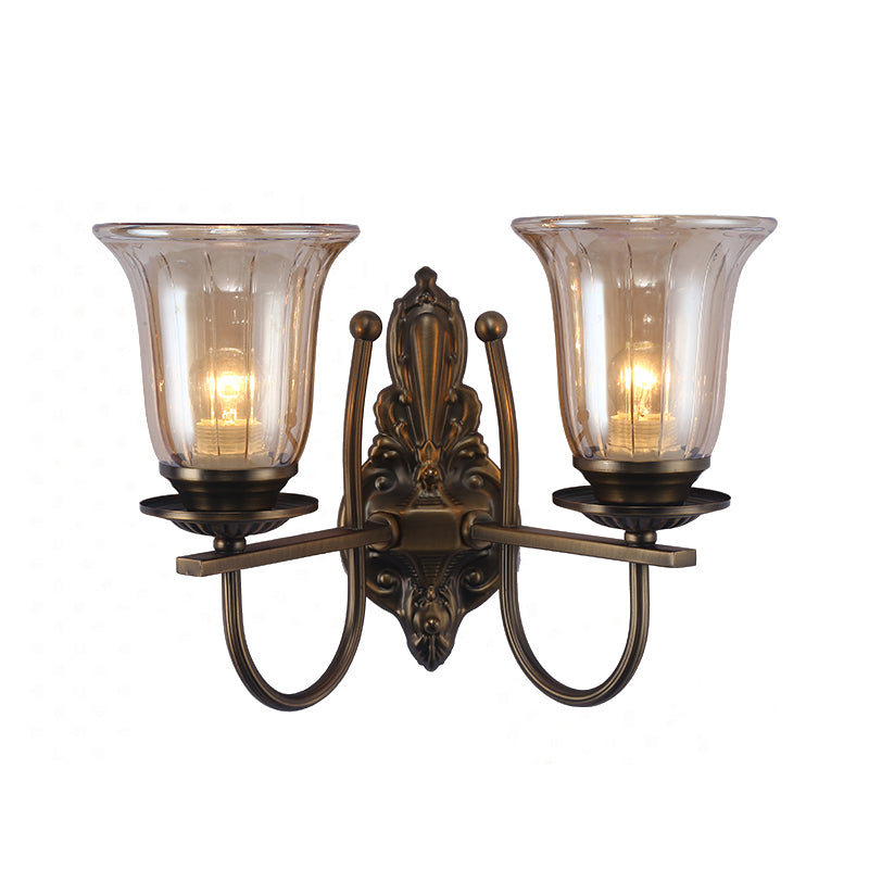 Skørter | 1/2-Light Clear Glass Wall Lamp Antique Brass Clock Shade Living Room Sconces Light with Arch Arm