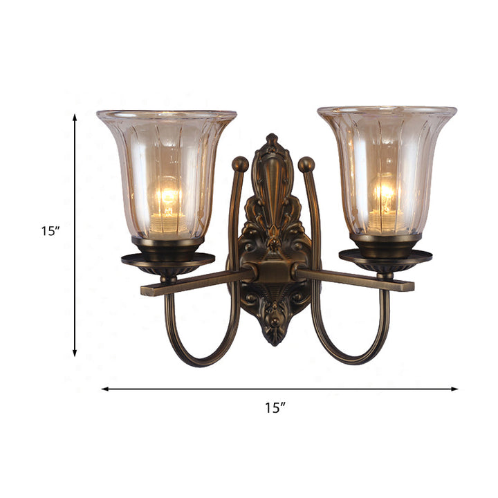 Skørter | 1/2-Light Clear Glass Wall Lamp Antique Brass Clock Shade Living Room Sconces Light with Arch Arm