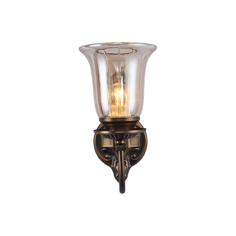 Skørter | 1/2-Light Clear Glass Wall Lamp Antique Brass Clock Shade Living Room Sconces Light with Arch Arm