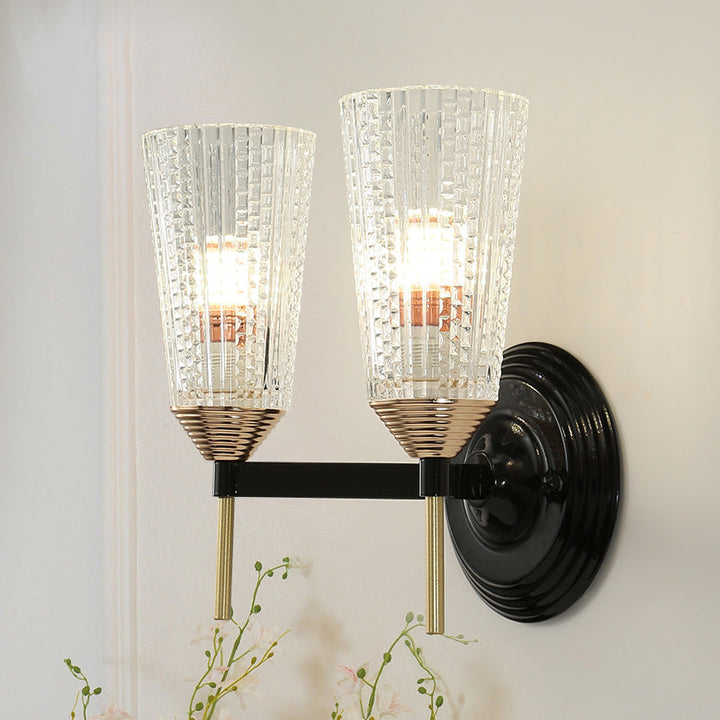 Skørter | 1/2-Light Wall Lamp Traditional Conical Clear Textured Glass Wall Lamp in Black for Hall