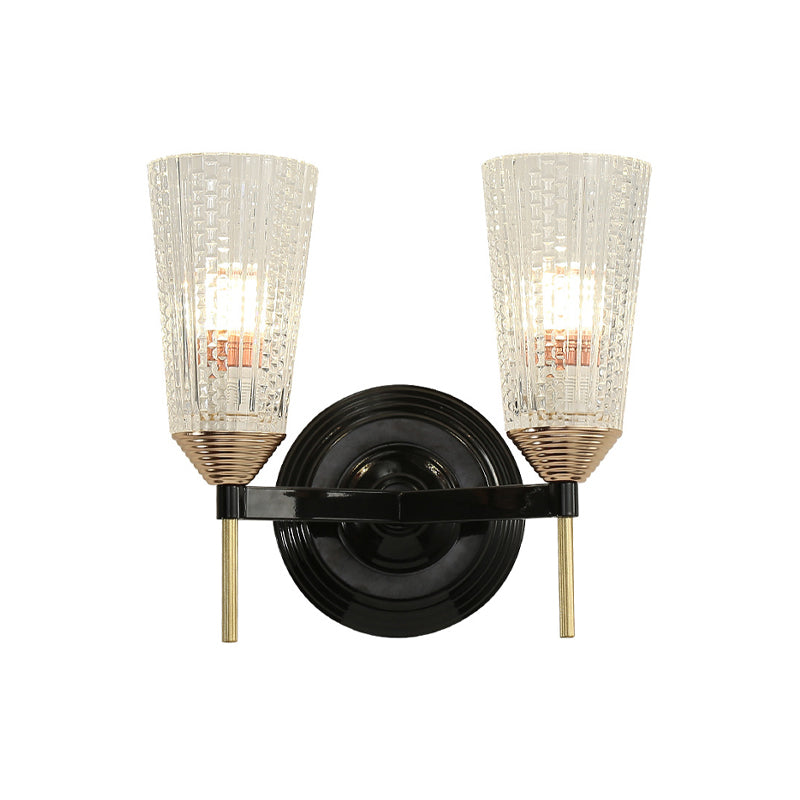 Skørter | 1/2-Light Wall Lamp Traditional Conical Clear Textured Glass Wall Lamp in Black for Hall