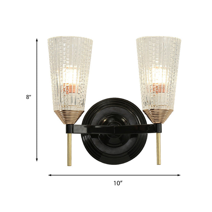 Skørter | 1/2-Light Wall Lamp Traditional Conical Clear Textured Glass Wall Lamp in Black for Hall