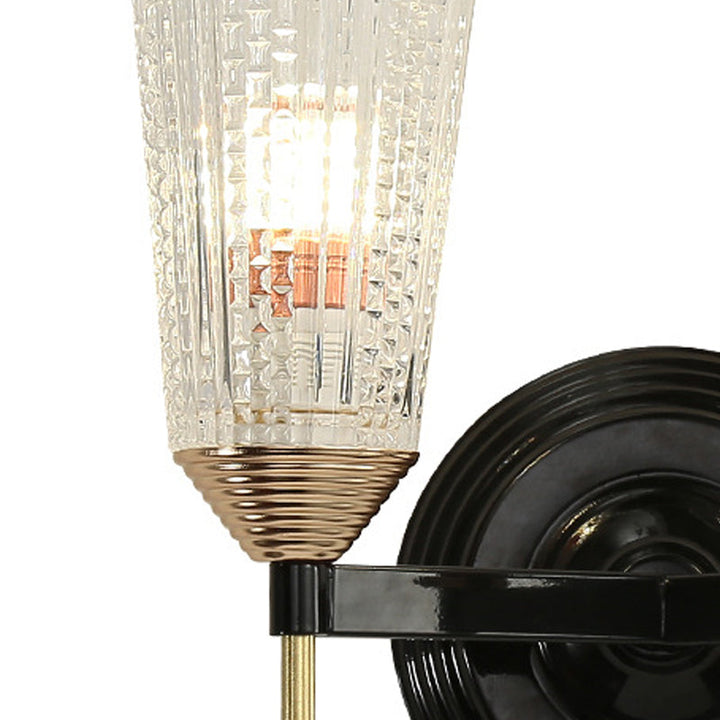 Skørter | 1/2-Light Wall Lamp Traditional Conical Clear Textured Glass Wall Lamp in Black for Hall