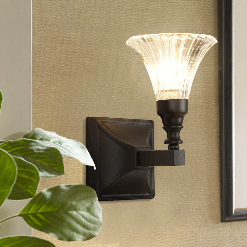 Skørter | 1-Light Wall Mount Lamp Retro Flower Bright Ribbed Glass Wall Light with Stylish Arm in Black for Veranda