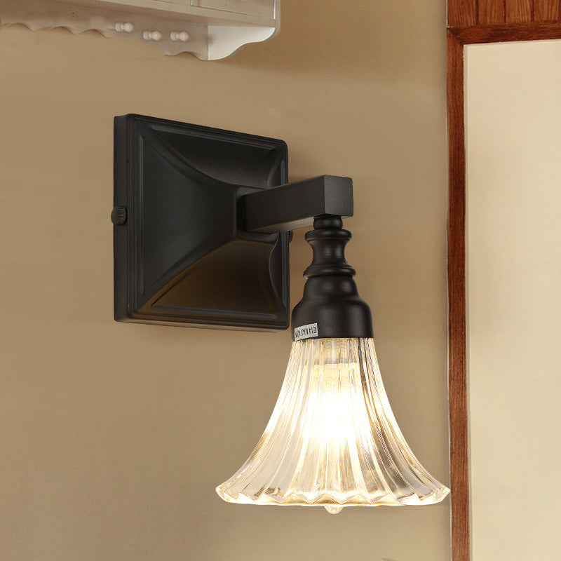 Skørter | 1-Light Wall Mount Lamp Retro Flower Bright Ribbed Glass Wall Light with Stylish Arm in Black for Veranda