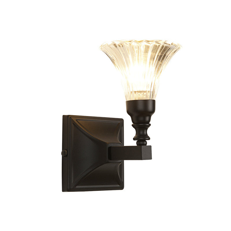 Skørter | 1-Light Wall Mount Lamp Retro Flower Bright Ribbed Glass Wall Light with Stylish Arm in Black for Veranda
