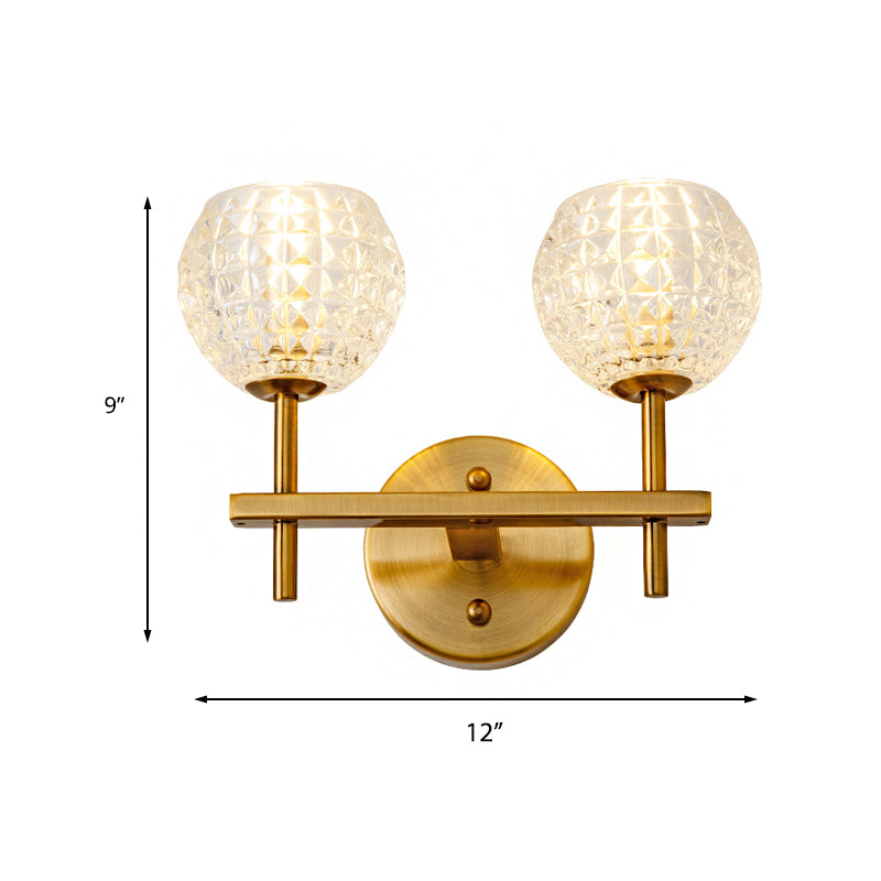 Skørter | 1/2-Light Wall Lamp Modern Orb Clear Glass Grid Wall Lamp with Straight Arm in Gold for Hallway