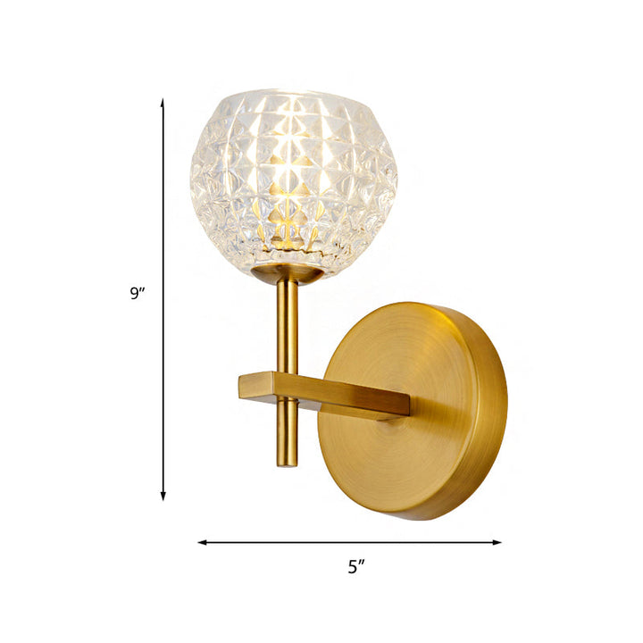 Skørter | 1/2-Light Wall Lamp Modern Orb Clear Glass Grid Wall Lamp with Straight Arm in Gold for Hallway