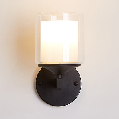 Lisslune | 1 Bulb Cylinder Wall Light Industrial Black/Silver Clear Glass Lighting