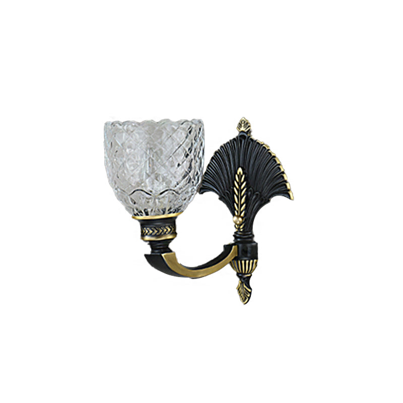 Skørter | 1/2-Light Wall Lamp Vintage Dome Clear Glass Wall Fixture with Curved Arm in Brass for the Study