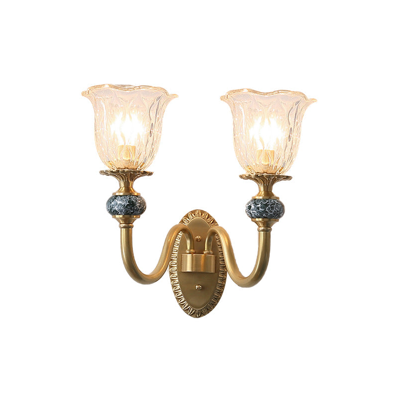 Skørter | Floral Bedroom Wall Lamp Antique Clear Glass 1/2 Lights Golden Wall Lamp with Curved Arm