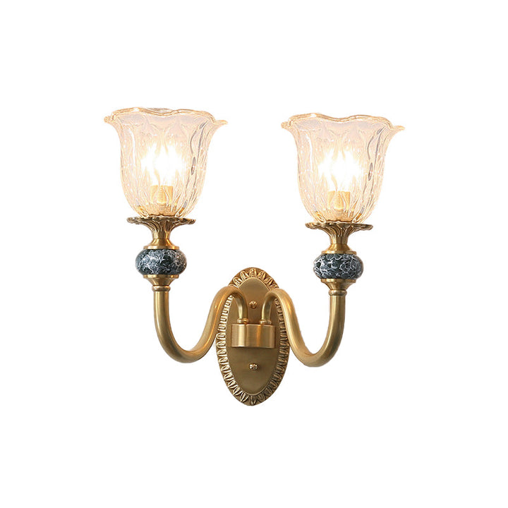 Skørter | Floral Bedroom Wall Lamp Antique Clear Glass 1/2 Lights Golden Wall Lamp with Curved Arm