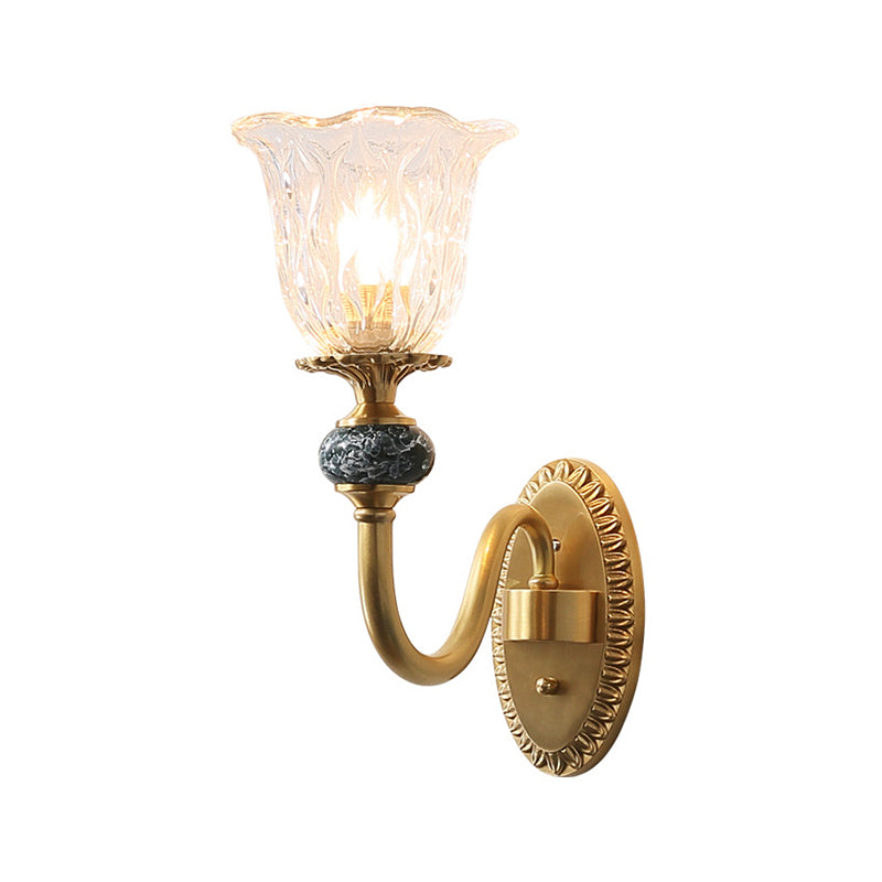 Skørter | Floral Bedroom Wall Lamp Antique Clear Glass 1/2 Lights Golden Wall Lamp with Curved Arm