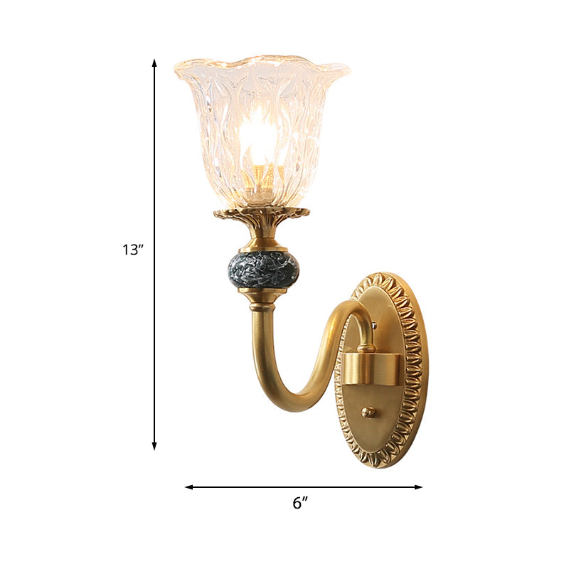 Skørter | Floral Bedroom Wall Lamp Antique Clear Glass 1/2 Lights Golden Wall Lamp with Curved Arm