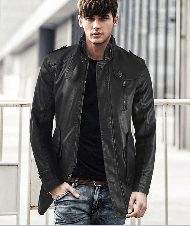 Men's fashionable and durable leather jacket with high collar Lisslune