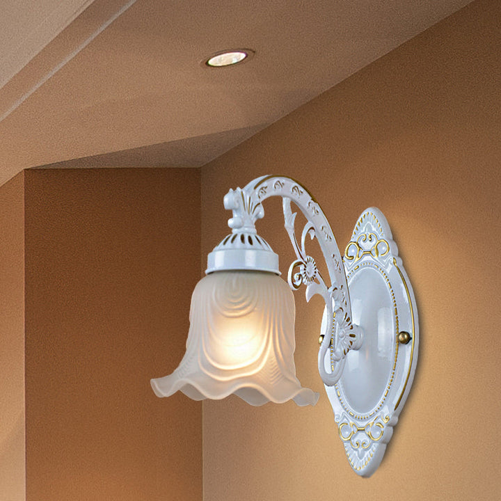 Skørter | Flower Bedroom Wall Light Fixture Traditional Satin Glass 1 Light White Wall Lamp with Metal Curved Arm