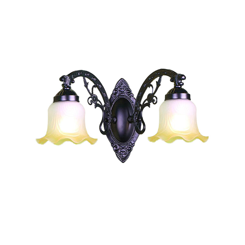 Skørter | Floral Bedroom Wall Lighting Retro Milk Glass 1/2 Lights Black Wall Lamp with Metal Curved Arm