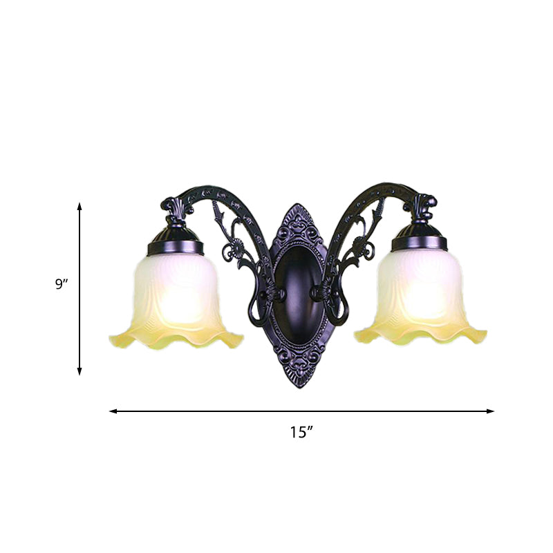 Skørter | Floral Bedroom Wall Lighting Retro Milk Glass 1/2 Lights Black Wall Lamp with Metal Curved Arm