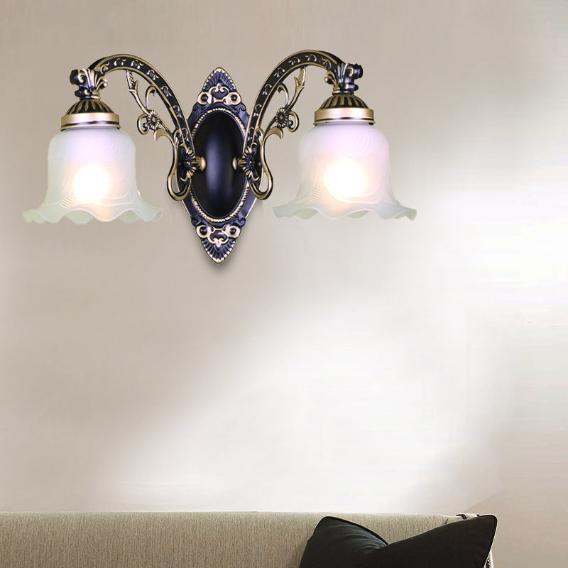 Skørter | Black/White Flower Wall Sconce Lighting Traditional Metal 1/2-Light Living Room Sconce Light with Matte Glass Shade