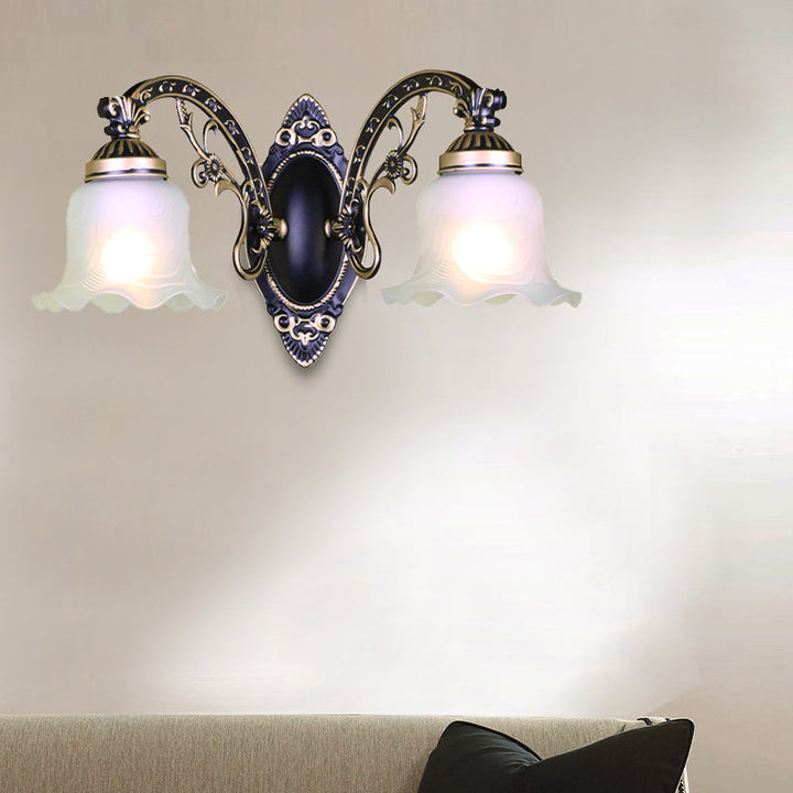 Skørter | Black/White Flower Wall Sconce Lighting Traditional Metal 1/2-Light Living Room Sconce Light with Matte Glass Shade