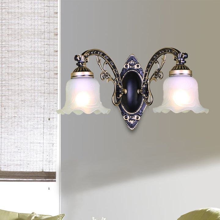 Skørter | Black/White Flower Wall Sconce Lighting Traditional Metal 1/2-Light Living Room Sconce Light with Matte Glass Shade