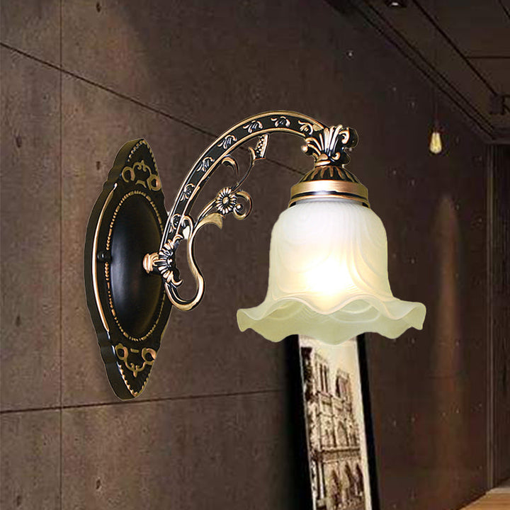Skørter | Black/White Flower Wall Sconce Lighting Traditional Metal 1/2-Light Living Room Sconce Light with Matte Glass Shade