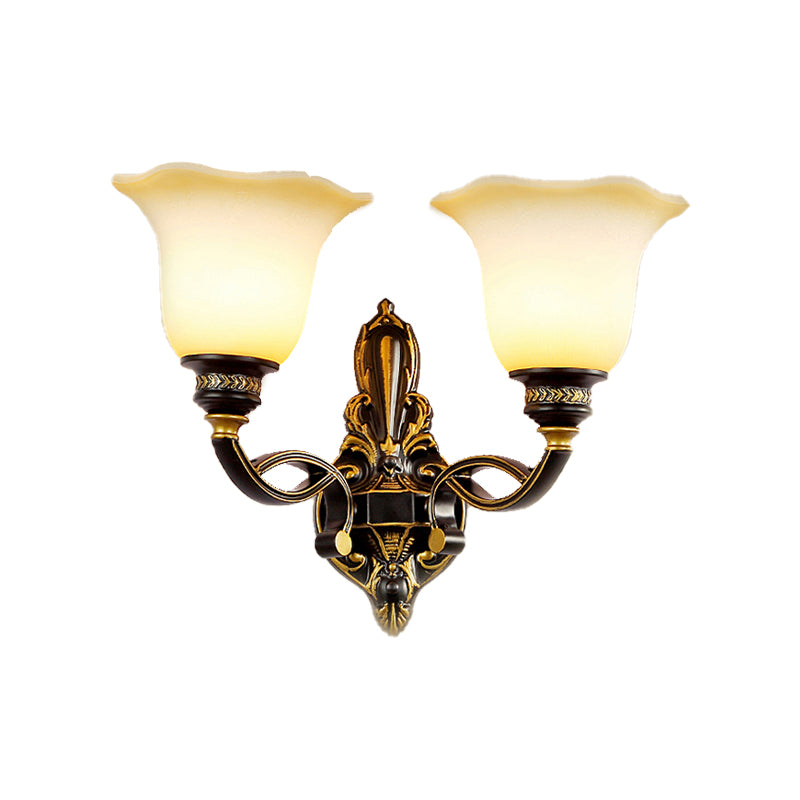 Skørter | Black Blossom Wall Mounted Lamp Traditional White Glass Shade 1/2-Light Bedroom Wall Sconce with Metal Curved Arm