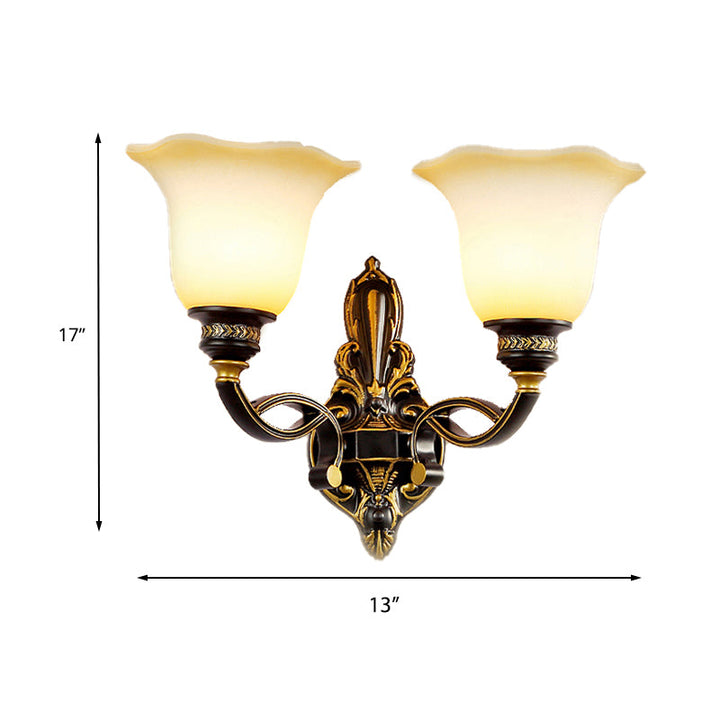 Skørter | Black Blossom Wall Mounted Lamp Traditional White Glass Shade 1/2-Light Bedroom Wall Sconce with Metal Curved Arm