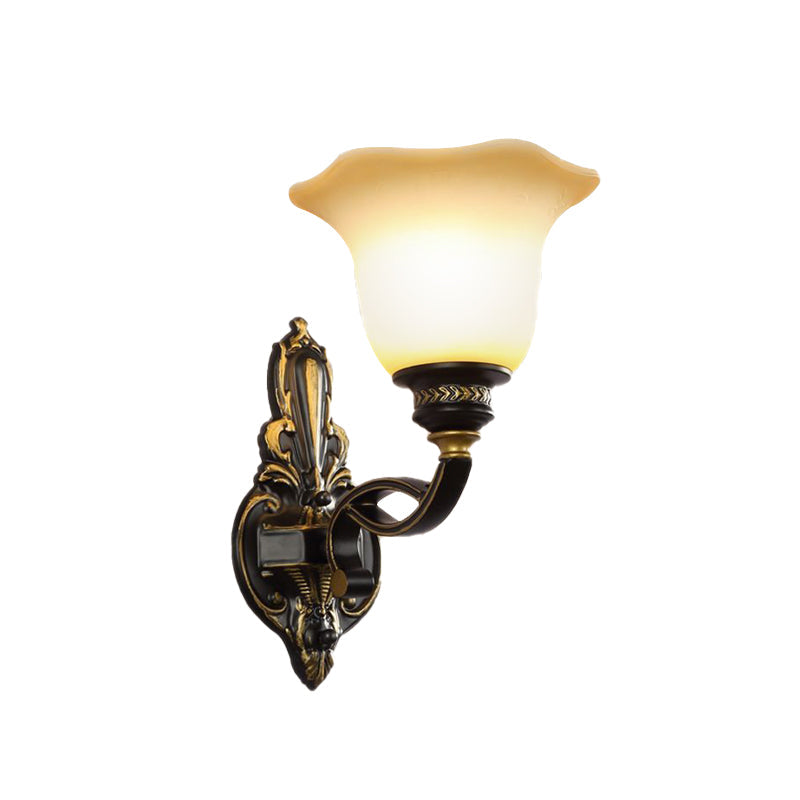 Skørter | Black Blossom Wall Mounted Lamp Traditional White Glass Shade 1/2-Light Bedroom Wall Sconce with Metal Curved Arm
