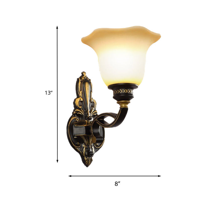 Skørter | Black Blossom Wall Mounted Lamp Traditional White Glass Shade 1/2-Light Bedroom Wall Sconce with Metal Curved Arm