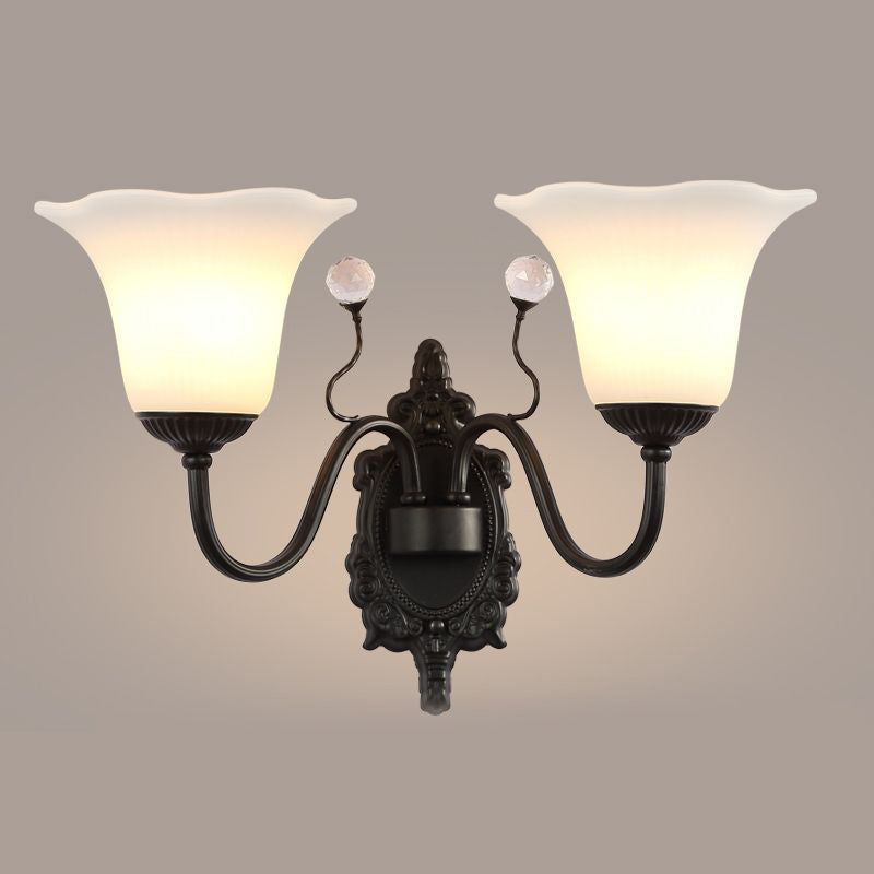 Skørter | Ivory Glass Black Wall Lamp Flower 1/2-Light Rustic Wall Mount Light Fixture with Crystal Accent for Hall