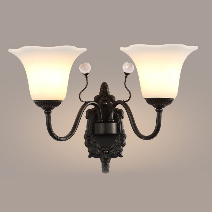 Skørter | Ivory Glass Black Wall Lamp Flower 1/2-Light Rustic Wall Mount Light Fixture with Crystal Accent for Hall