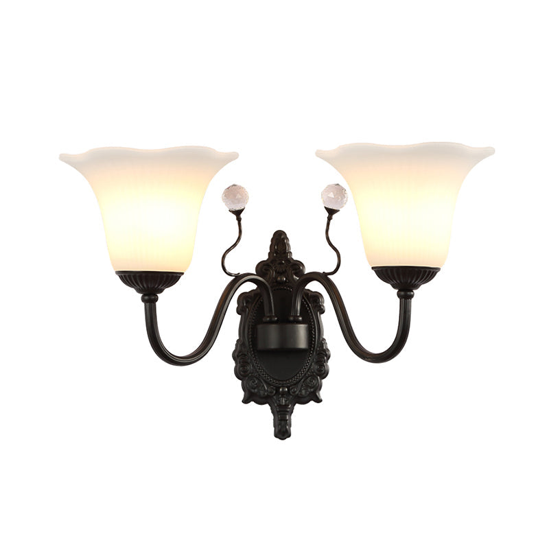 Skørter | Ivory Glass Black Wall Lamp Flower 1/2-Light Rustic Wall Mount Light Fixture with Crystal Accent for Hall
