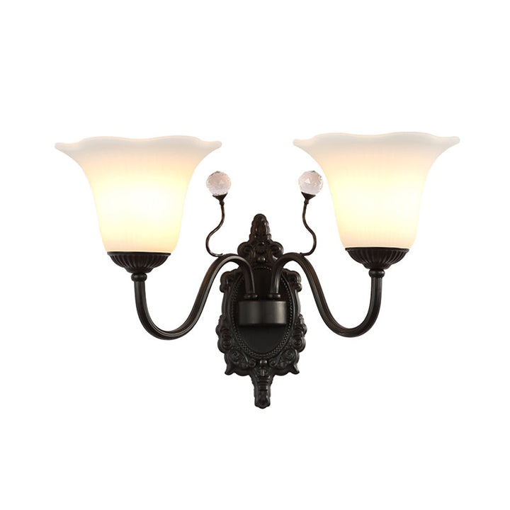 Skørter | Ivory Glass Black Wall Lamp Flower 1/2-Light Rustic Wall Mount Light Fixture with Crystal Accent for Hall