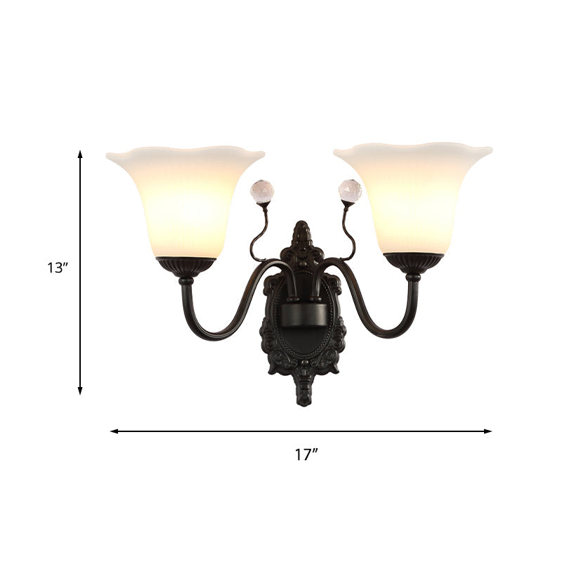 Skørter | Ivory Glass Black Wall Lamp Flower 1/2-Light Rustic Wall Mount Light Fixture with Crystal Accent for Hall