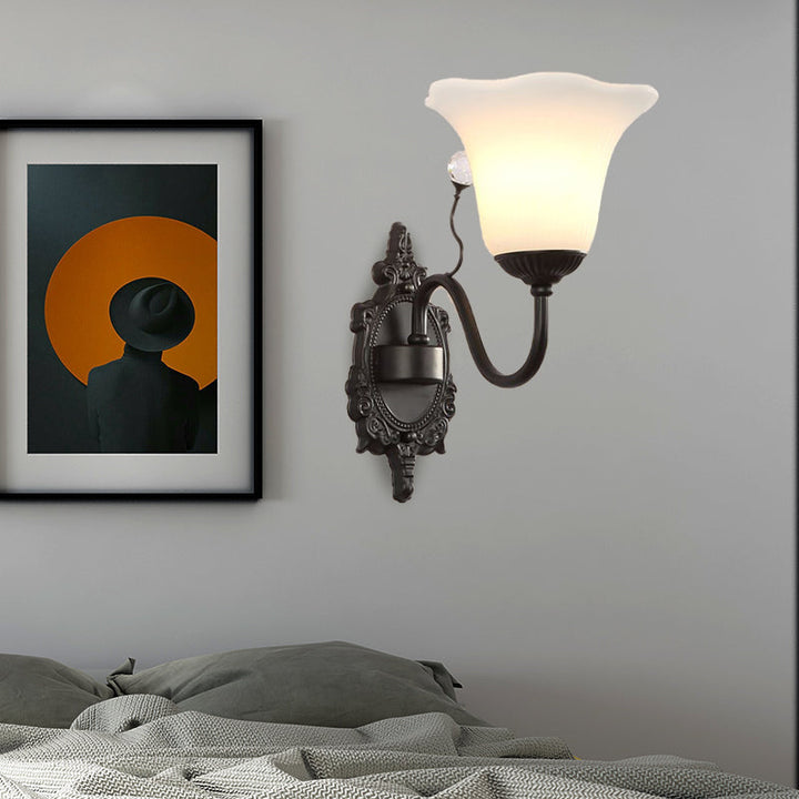 Skørter | Ivory Glass Black Wall Lamp Flower 1/2-Light Rustic Wall Mount Light Fixture with Crystal Accent for Hall