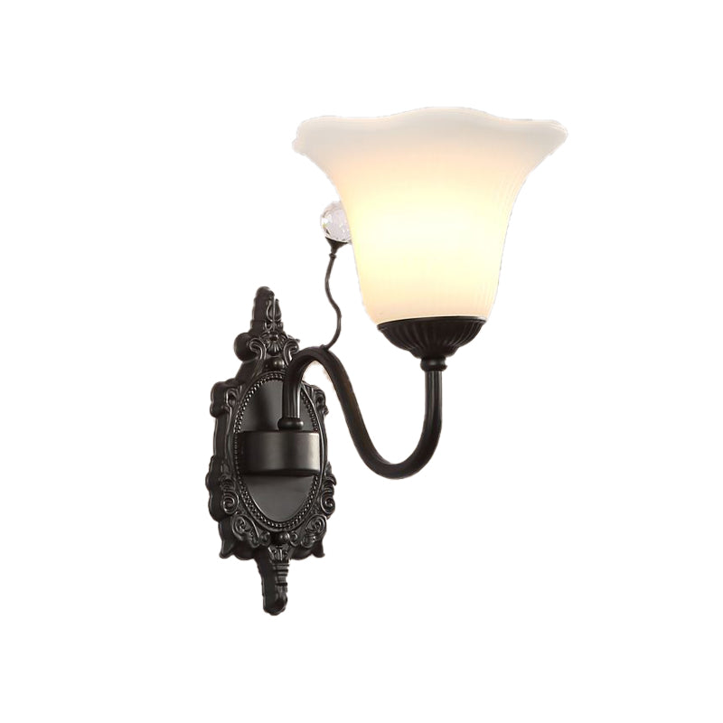 Skørter | Ivory Glass Black Wall Lamp Flower 1/2-Light Rustic Wall Mount Light Fixture with Crystal Accent for Hall