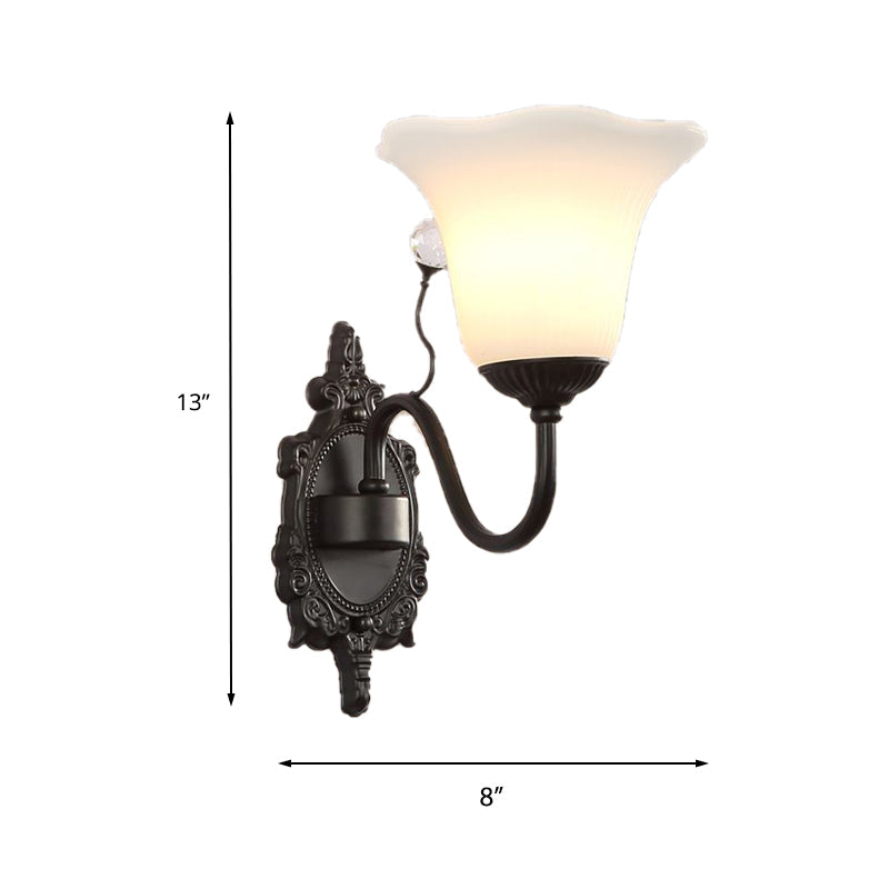 Skørter | Ivory Glass Black Wall Lamp Flower 1/2-Light Rustic Wall Mount Light Fixture with Crystal Accent for Hall