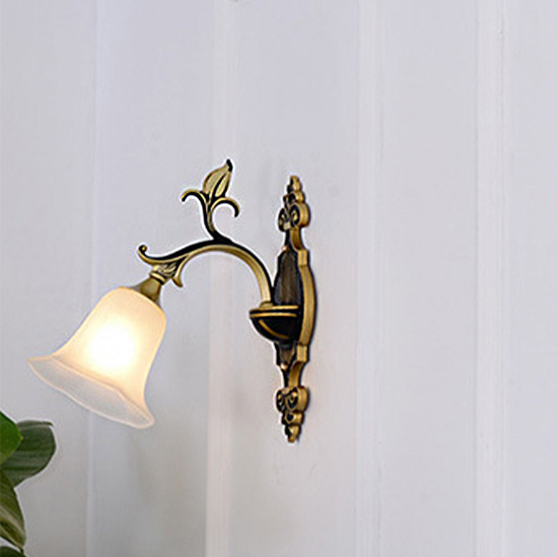 Skørter | Frosted Glass Golden Wall Lamp Flower 1/2-Light Modern Wall Mount Fixture with Curved Arm for Hall