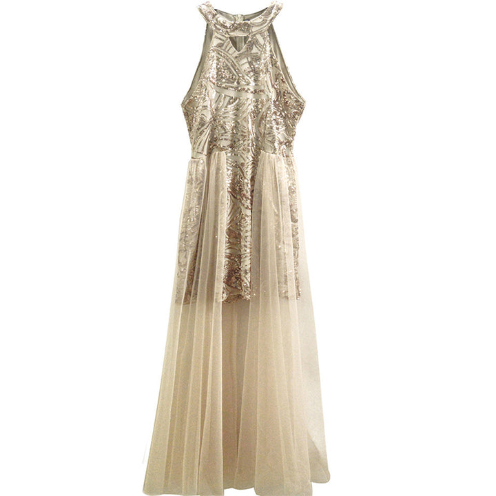 Women's Glamorous Cocktail Dress with Transparent Train and Sparkling Sequins