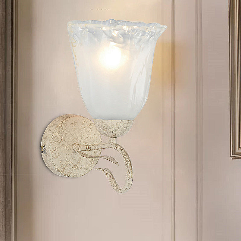 Skørter | Frosted Glass White Wall Lamp Flower Single Lamp Vintage Wall Lighting with Round Backplate