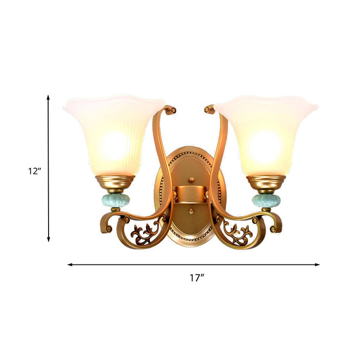 Skørter | Traditional carved wall lamp 1/2-light milky glass shade wall lamp in gold for bedroom