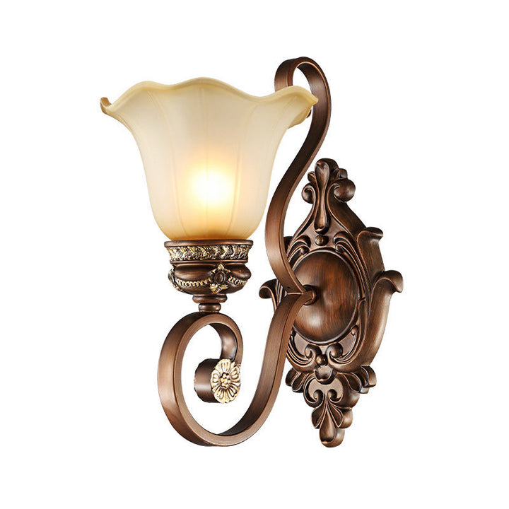 Skørter | Retro Floral Wall Light 1 Light Frosted Glass Wall Fixture with Metal Curved Arm in Brown for Porch