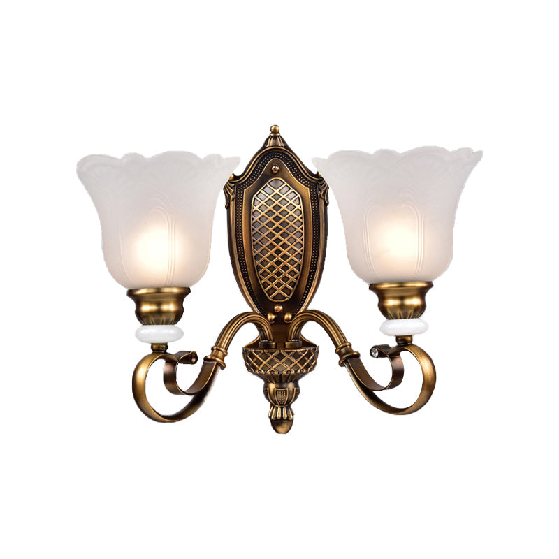 Skørter | Retro Floral Wall Light 1/2-Light White Glass Wall Mounted Lamp with Metal Twisted Arm in Bronze